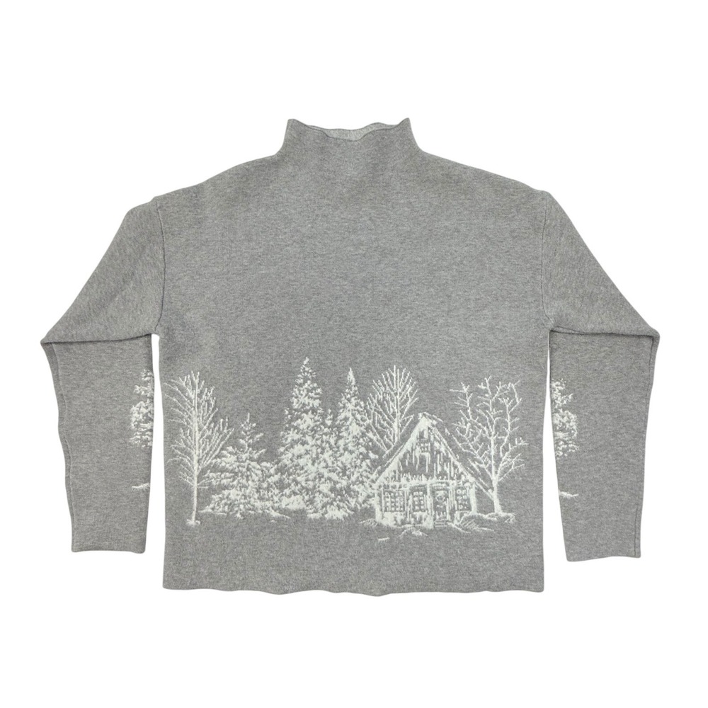 Tahari Womens XL Gray Winter Cabin Pine Tree Mock Neck Intarsia Knit Sweater
